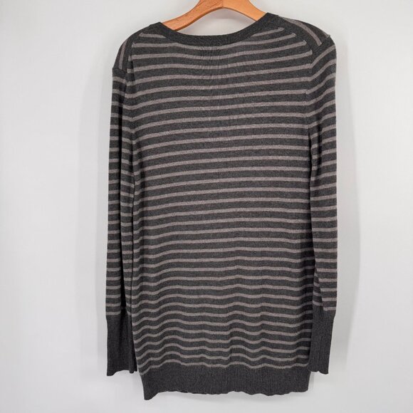 Ann Taylor LOFT Cardigan striped rhinestones Gray vneck sweater size large - Picture 11 of 14